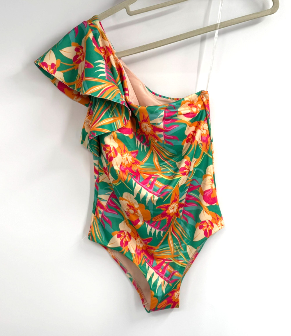 NWOT Maree Maree One Shoulder Swimsuit Women 4 Green Orange Tropical Swim Beach